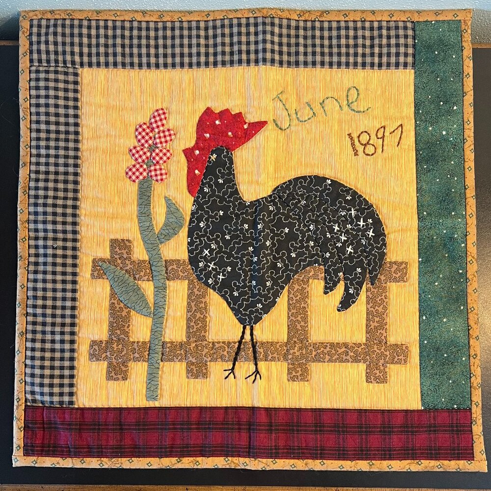 Hand Stitched ROOSTER Folk Art Patchwork Quilt Square Wall Hanging  Handcrafted